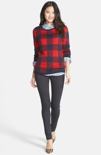 Women's Tan Leopard Suede Pumps, Charcoal Skinny Pants, White and Blue Gingham Dress Shirt, Red Plaid Crew-neck Sweater