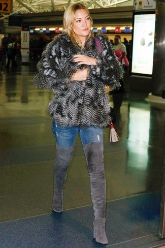 Kate Hudson wearing Charcoal Suede Over The Knee Boots, Blue Skinny Jeans, Charcoal Fur Jacket