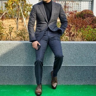Charcoal Suit with Brown Leather Derby Shoes Outfits: For an ensemble that's very simple but can be dressed up or down in plenty of different ways, try pairing a charcoal suit with a black turtleneck. A good pair of brown leather derby shoes ties this ensemble together.
