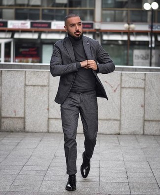 Black Leather Derby Shoes Dressy Outfits: This pairing of a charcoal suit and a charcoal turtleneck is a foolproof option when you need to look like a true connoisseur of modern men's style. All you need now is a pair of black leather derby shoes.