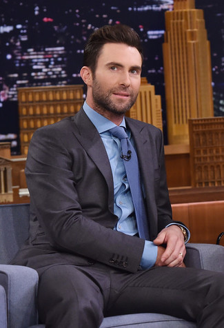 Adam Levine wearing Charcoal Suit, Light Blue Dress Shirt, Blue Tie