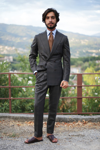 Brown Leather Sandals Outfits For Men: Team a charcoal plaid suit with a light blue dress shirt and you'll ooze class and refinement. If you wish to immediately tone down this getup with footwear, why not complete this getup with a pair of brown leather sandals?