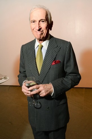 Gay Talese wearing Charcoal Vertical Striped Suit, Light Blue Dress Shirt, Yellow Polka Dot Tie, Red Pocket Square