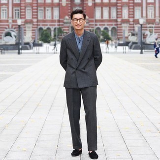 Charcoal Check Wool Suit Outfits: This combo of a charcoal check wool suit and a light blue long sleeve shirt is a life saver when you need to look incredibly sophisticated. For a sleeker touch, why not introduce black suede tassel loafers to the mix?