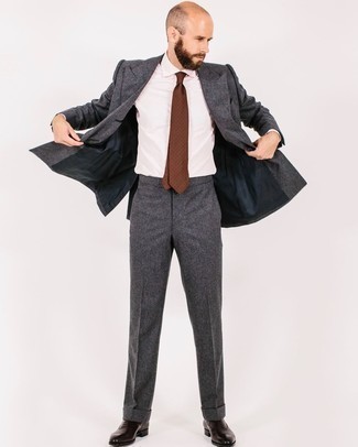 Solid Textured Wool Two Piece Suit Charcoal
