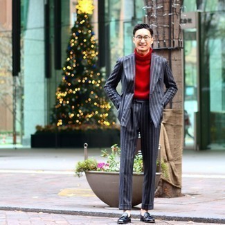 Men's Charcoal Vertical Striped Suit, Red Wool Turtleneck, Black Leather Tassel Loafers, Clear Sunglasses
