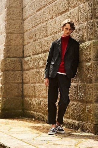 Red Wool Turtleneck Outfits For Men: A red wool turtleneck and a charcoal vertical striped suit worn together are a wonderful match. A pair of dark brown canvas low top sneakers instantly ups the fashion factor of this getup.