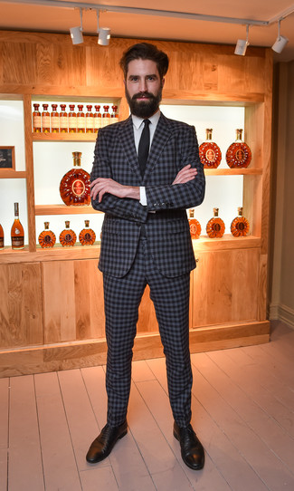 Jack Guinness wearing Charcoal Check Suit, White Dress Shirt, Black Leather Oxford Shoes, Black Tie