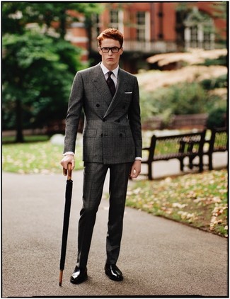 Grey Check Suit Outfits: This combination of a grey check suit and a white dress shirt is perfect when you need to look like a true gent. If you're puzzled as to how to round off, a pair of black leather oxford shoes is a safe option.