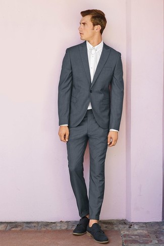 Charcoal Suede Double Monks Outfits: A charcoal suit and a white dress shirt are absolute wardrobe heroes if you're picking out a stylish wardrobe that holds to the highest sartorial standards. With shoes, stick to a more casual route with a pair of charcoal suede double monks.