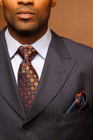 Charcoal Print Tie Outfits For Men: Opt for a charcoal vertical striped suit and a charcoal print tie and you'll be the embodiment of elegant men's fashion.