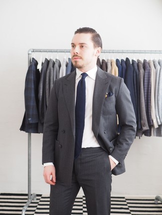 Dark Grey Pin Stripe Super 110 Virgin Wool 2 Button Johnstons1lenon Suit With Flat Front Pants