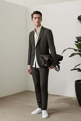 Men's Charcoal Suit, White Dress Shirt, White Canvas Low Top Sneakers, Black Leather Tote Bag