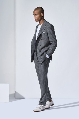 Grey Vertical Striped Suit Outfits: Go for something effortlessly sleek yet timeless in a grey vertical striped suit and a white long sleeve t-shirt. To give this outfit a sleeker aesthetic, introduce white suede double monks to the equation.