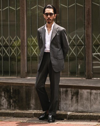 Men's Charcoal Vertical Striped Suit, White Short Sleeve Shirt, Black Leather Loafers, Charcoal Sunglasses