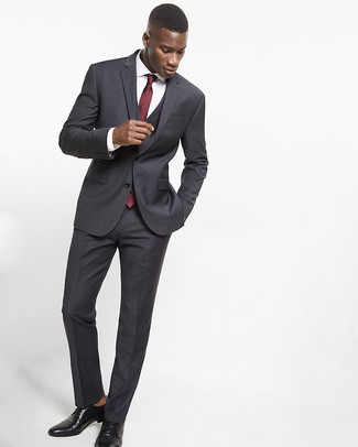 Charcoal Microcheck Wool Three Piece Suit With Flat Front Pants