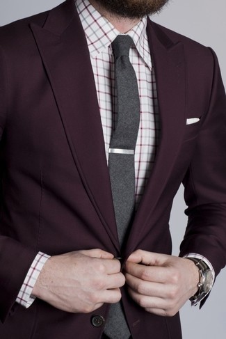 White and Navy Check Dress Shirt Outfits For Men: 