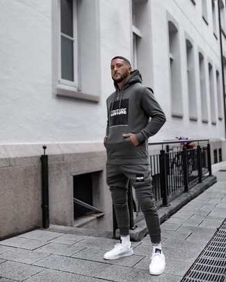Men's Charcoal Track Suit, White and Black Canvas Low Top Sneakers, White and Black Print Socks