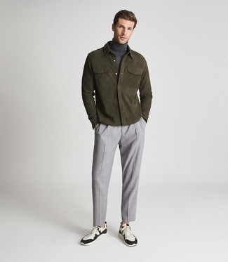 Men's Charcoal Turtleneck, Olive Suede Long Sleeve Shirt, Grey Chinos, White and Black Athletic Shoes