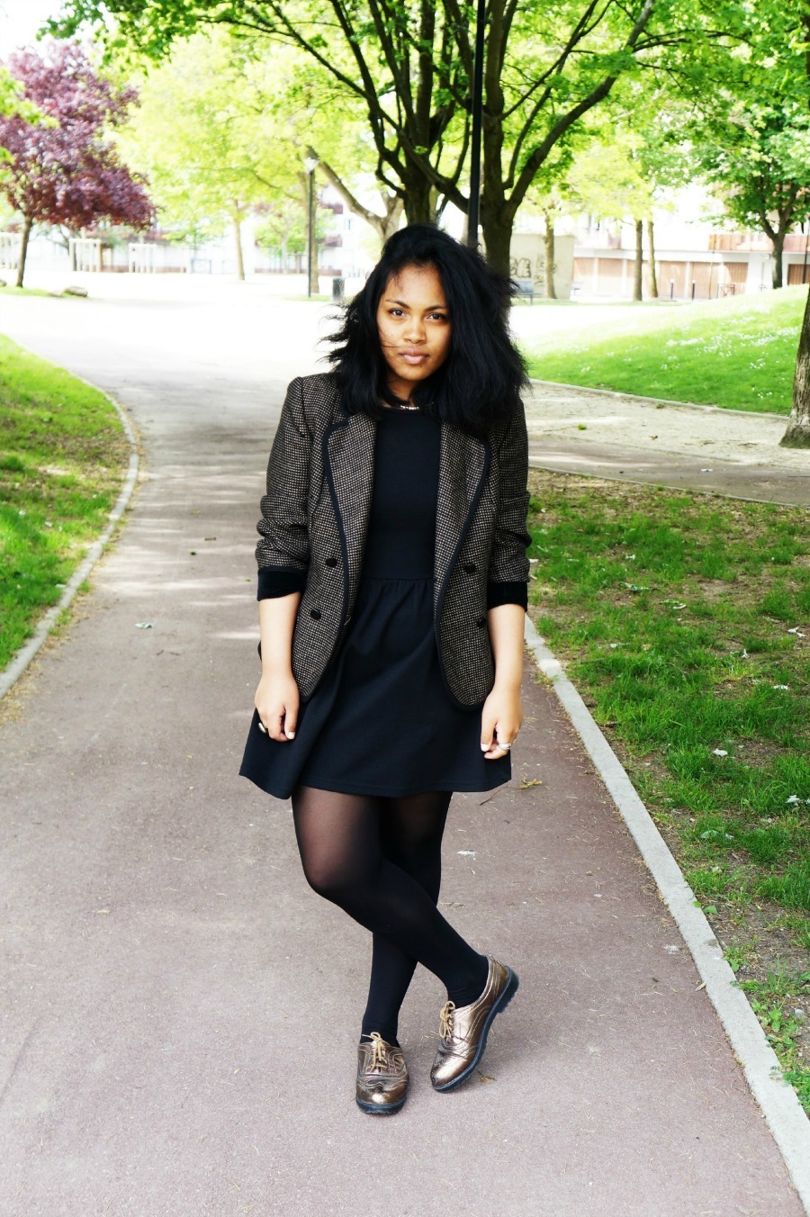 Women's Charcoal Tweed Jacket, Black Skater Dress, Gold Leather Oxford  Shoes, Black Tights
