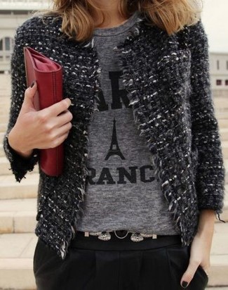 Women's Charcoal Tweed Jacket, Grey Print Crew-neck T-shirt, Black Tapered Pants, Red Leather Clutch