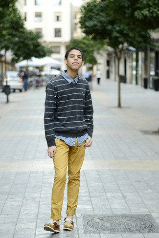Mustard Chinos Outfits: For a winning casual option, you can rely on this pairing of a charcoal horizontal striped v-neck sweater and mustard chinos. The whole outfit comes together brilliantly when you introduce a pair of mustard suede boat shoes to this ensemble.