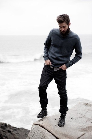 Men's Charcoal V-neck Sweater, Charcoal Long Sleeve Shirt, Black Jeans, Black Leather Casual Boots