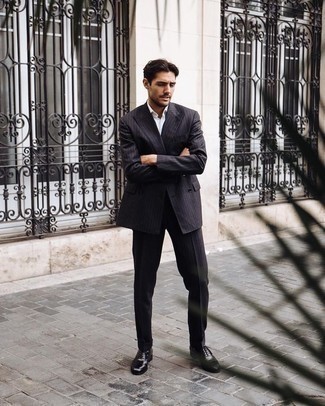 Charcoal Vertical Striped Suit Outfits: For a look that's elegant and truly wow-worthy, opt for a charcoal vertical striped suit and a white dress shirt. Introduce black leather oxford shoes to the equation to pull the whole look together.