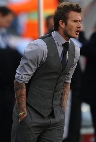 David Beckham wearing Charcoal Waistcoat, Grey Dress Shirt, Charcoal Dress Pants, Black Tie