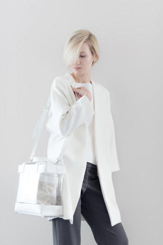 Women's Clear Rubber Tote Bag, Charcoal Wide Leg Pants, White Crew-neck Sweater, White Coat