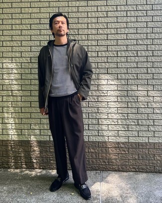 Charcoal Windbreaker Outfits For Men: A charcoal windbreaker and dark brown chinos are must-have menswear must-haves if you're planning a casual closet that holds to the highest fashion standards. For something more on the elegant end to finish your ensemble, complete this outfit with black suede loafers.