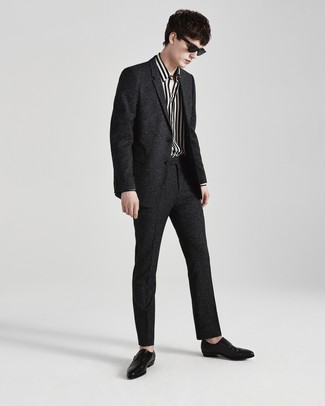 A charcoal wool suit and a white and black vertical striped long sleeve shirt are absolute wardrobe heroes if you're crafting a sophisticated wardrobe that matches up to the highest sartorial standards. A pair of black leather double monks easily steps up the style factor of any outfit.