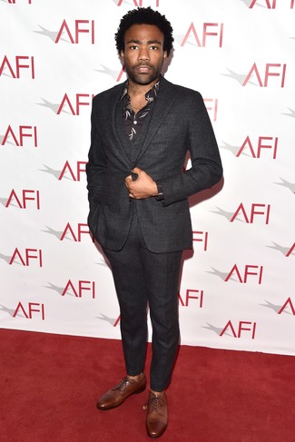 Donald Glover wearing Charcoal Wool Three Piece Suit, Black Print Dress Shirt, Brown Leather Derby Shoes