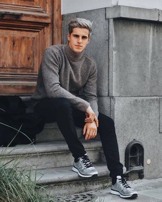 Black Skinny Jeans with Athletic Shoes Outfits For Men: If you're after a casual and at the same time on-trend getup, consider teaming a charcoal wool turtleneck with black skinny jeans. Have some fun with things and complete this ensemble with athletic shoes.
