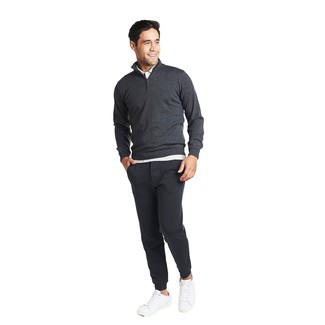 Charcoal Zip Neck Sweater Outfits For Men: Why not make a charcoal zip neck sweater and charcoal sweatpants your outfit choice? Both pieces are super comfortable and look nice when married together. The whole ensemble comes together when you add white leather low top sneakers to the equation.