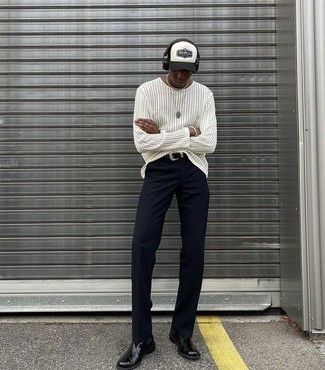 Men's White and Black Print Baseball Cap, Black Leather Chelsea Boots, Navy Chinos, White Vertical Striped Long Sleeve T-Shirt