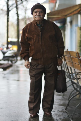 Tobacco Suede Bomber Jacket Outfits For Men After 60: 