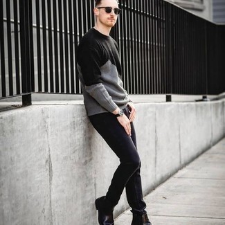 Men's Black Sunglasses, Black Leather Chelsea Boots, Black Jeans, Grey Crew-neck Sweater