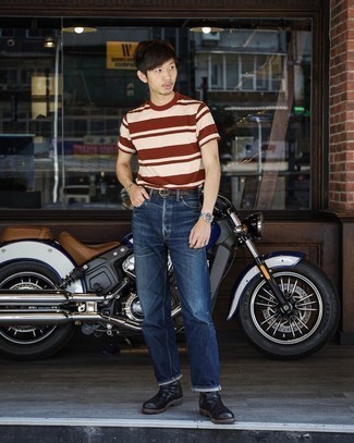 Men's Dark Brown Leather Belt, Black Leather Chelsea Boots, Navy Jeans, White and Red Horizontal Striped Crew-neck T-shirt
