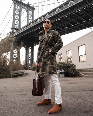 Men's Brown Leather Tote Bag, Tobacco Suede Chelsea Boots, White Jeans, Olive Camouflage Trenchcoat