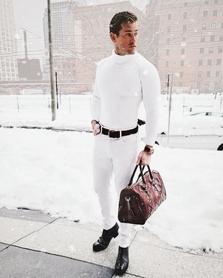 Men's Dark Brown Leather Holdall, Black Leather Chelsea Boots, White Jeans, White Knit Turtleneck