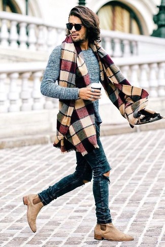 Men's Multi colored Plaid Scarf, Beige Suede Chelsea Boots, Navy Ripped Skinny Jeans, Grey Crew-neck Sweater