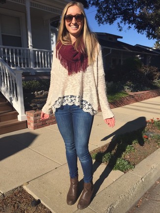 Beige Lace Crew-neck Sweater Outfits For Women: 