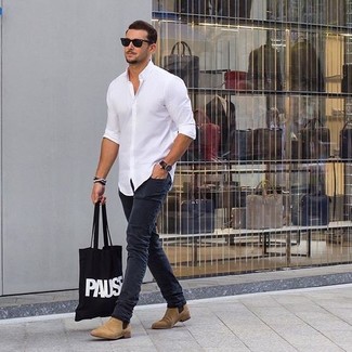 Men's Black and White Print Canvas Tote Bag, Tan Suede Chelsea Boots, Charcoal Skinny Jeans, White Long Sleeve Shirt