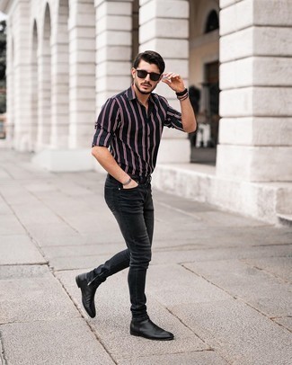 Black Vertical Striped Long Sleeve Shirt Warm Weather Outfits For Men: 