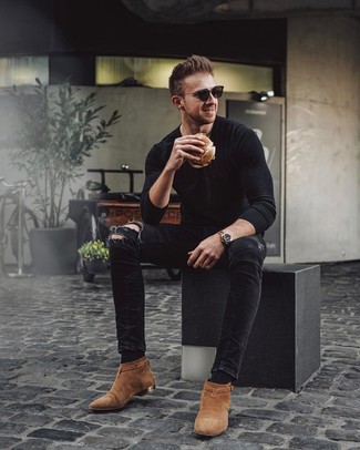 Men's Black Sunglasses, Tobacco Suede Chelsea Boots, Black Ripped Skinny Jeans, Black Long Sleeve T-Shirt