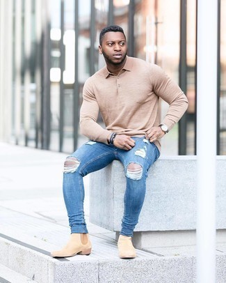 Polo Neck Sweater with Skinny Jeans Outfits For Men: 