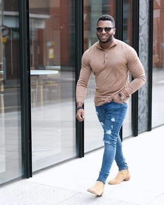 Polo Neck Sweater with Skinny Jeans Outfits For Men: 