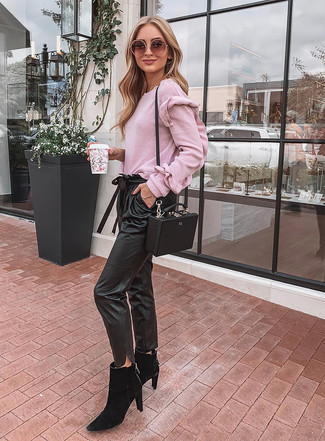 Women's Black Leather Crossbody Bag, Black Suede Chelsea Boots, Black Leather Tapered Pants, Pink Crew-neck Sweater