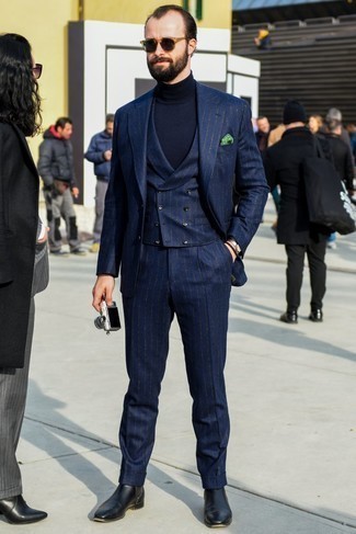 Men's Green Polka Dot Pocket Square, Black Leather Chelsea Boots, Navy Turtleneck, Navy Vertical Striped Three Piece Suit